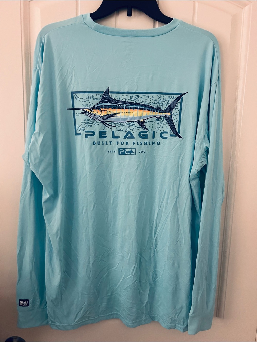 PELAGIC Aquatek Marlin Mind Vented Fishing Shirt in Tahiti Blue 2XL UPF50+